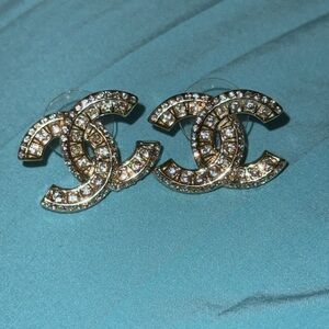 Gold Crystal Interlocking Logo Stud Earrings - Gold